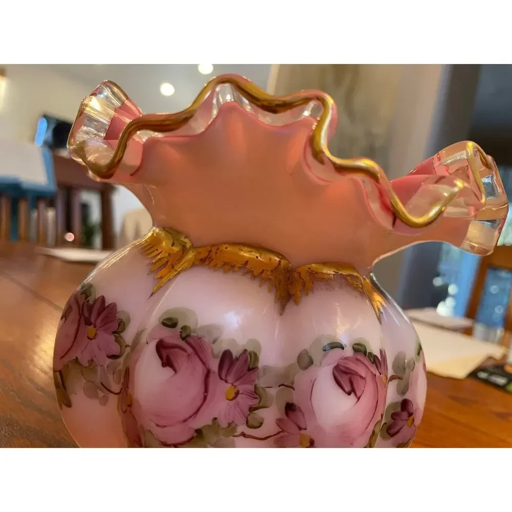 Fenton Melon Ball Charleston Pink Roses Vase Crimped Ruffle Edged Vintage